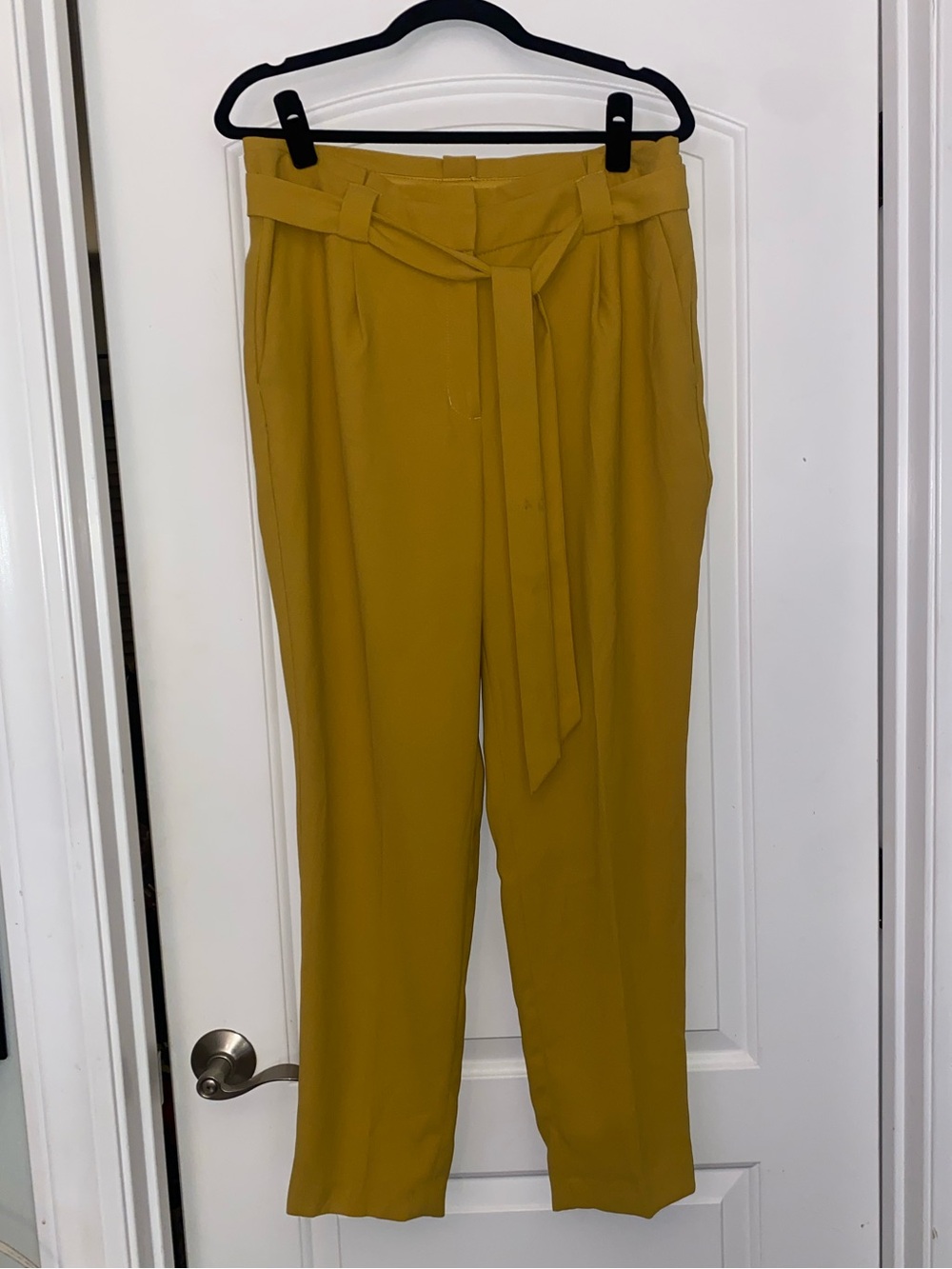 Express Mustard Yellow High-Waist Paperbag Pleated Ankle Trousers Self Tie Belt